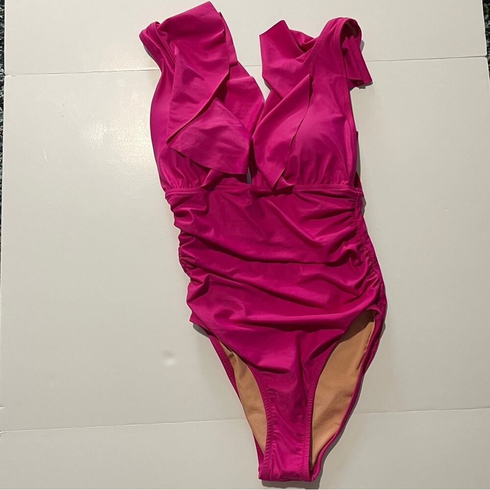J Crew Ruched Ruffle One-Piece Swimsuit Radiant Fuchisa - Picture 2 of 14